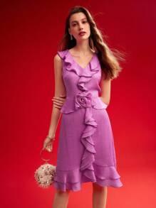 MOTF PREMIUM WOVEN WOMEN'S RUFFLE TRIM 3D FLOWER DRESS,VALENTINE'S DAY OUTFIT - Hot Pink - View 8
