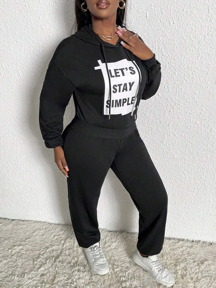 Slogan Printed Drop Shoulder Hoodie With Drawstring And Sweatpants Set