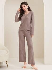 Mulvari Của phụ nữ Màu thuần Áo len Hai chiếc Bộ - Màu Khaki - Xem 1