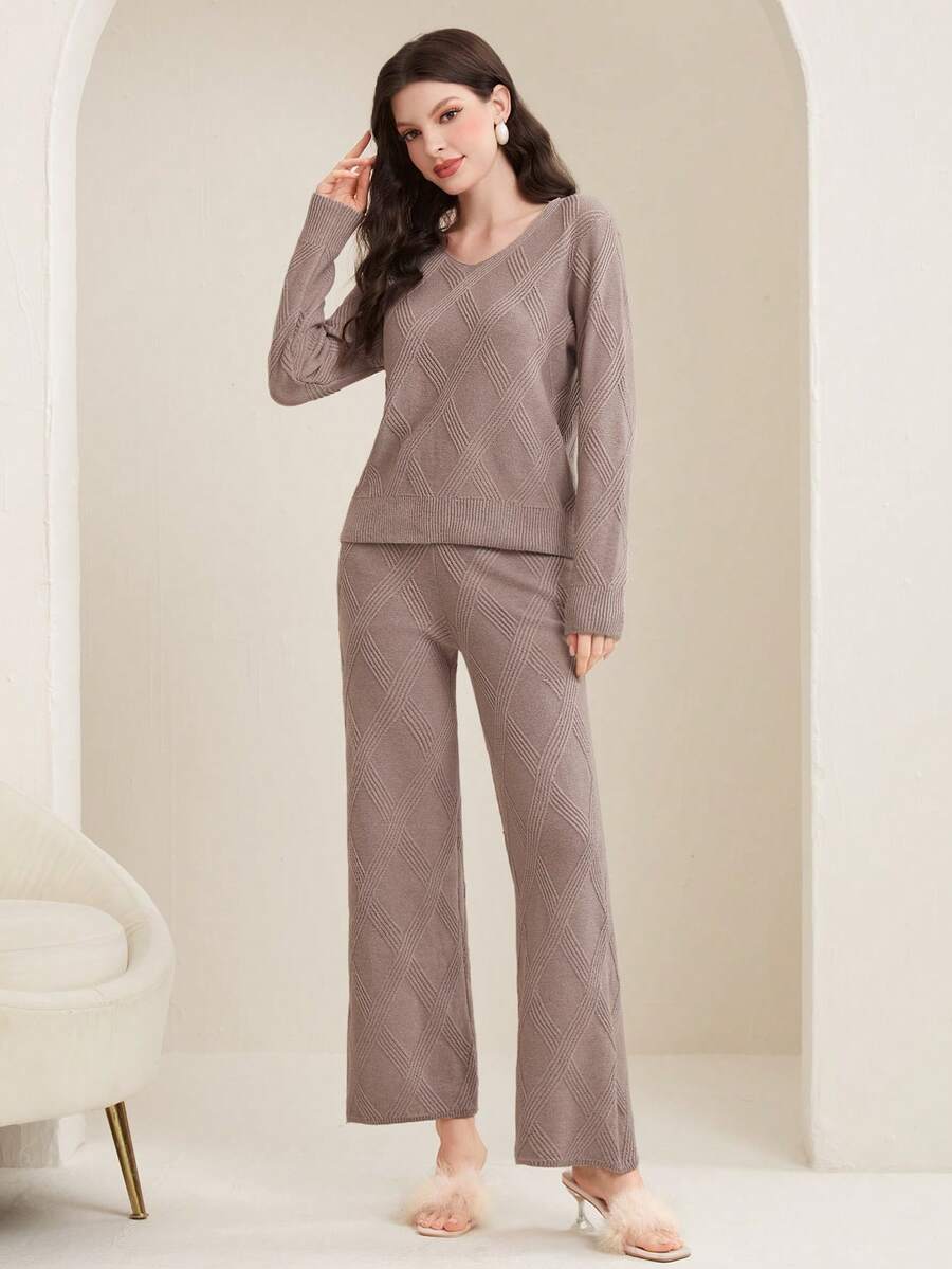 Mulvari Của phụ nữ Màu thuần Áo len Hai chiếc Bộ - Màu Khaki - Xem 1