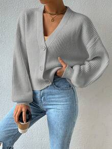 SHEIN EZwear 落肩袖燈籠袖條紋針織開襟衫 - 淺灰色 - 查看 6