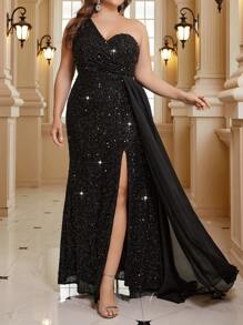 SHEIN Belle Plus Size Women's Evening Dress With Beaded Patchwork, Dramatic Train And Cascade Formal Dress - Black - View 4