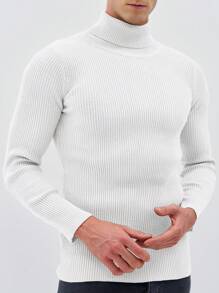 SHEIN Cottnline Men's Solid Color Turtleneck Cable Knit Sweater - White - View 5