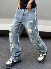 Manfinity EMRG 男士磨邊&磨損細節漂色牛仔褲 - 藍色 - 查看 5