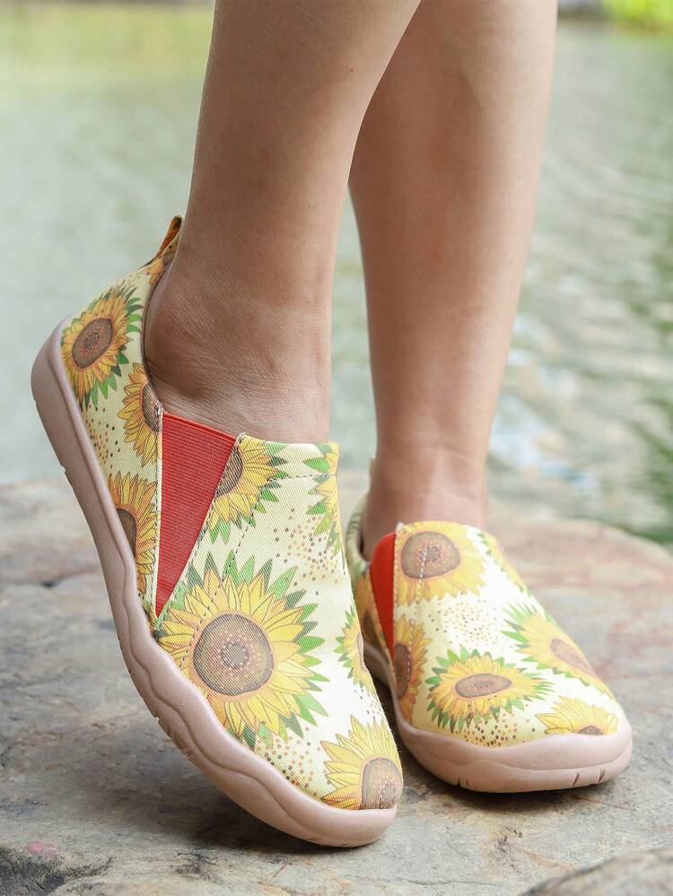 Women's Fashionable Outdoor Slip-On Shoes With Sunflower Print, Yellow Sports Shoes Casual Shoes Tainers