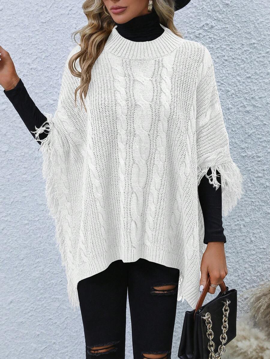 SHEIN LUNE Tassel-Edge Poncho Sweater Knit Pullover Fall Winter Outfit - White - View 1