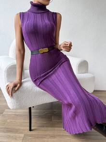 SHEIN Privé Của phụ nữ Màu thuần Cổ cao Không tay Viền chia cắt Đầm Áo len - Màu tím - Xem 6