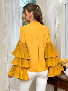 SHEIN Privé Của phụ nữ Nhiều lớp Tay áo xù Áo sơ mi Với Bowknot Và Dây thắt lưng - Màu vàng - Xem 2