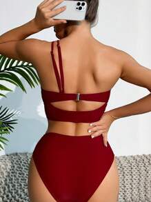 SHEIN Swim Women's One-shoulder Cut Out Bikini Set - Burgundy - View 2