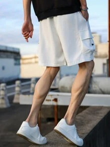 Manfinity Homme Loose Fit Men's Multi Pocket Work Shorts Knee Plain All White Office Casual Husband - White - View 2