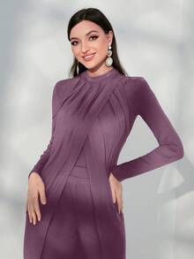 Modelyn Women's Fashionable And Elegant Solid Color Oblique Design Two-piece Set - Purple - View 3