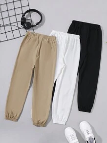 SHEIN 3件套男童纯色运动裤，冬季套装，冬季服装，秋季服装，所有服装，白色裤子，黑色裤子 - 卡其色 - 查看 2