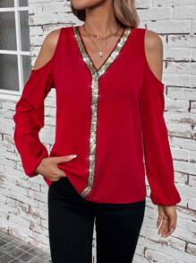 SHEIN LUNE 女士閃爍拼接露肩上衣 - 酒紅色 - 查看 4