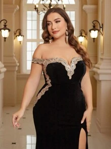 SHEIN Belle Váy thêu hạt cao thấp hở vai, cổ chữ V bằng nhung và ruy băng satin dành cho nữ (cỡ lớn, bền chắc) Váy dạ hội trang trọng thanh lịch màu đen dự tiệc cưới, tốt nghiệp, váy dự tiệc tối - màu đen - Xem 5