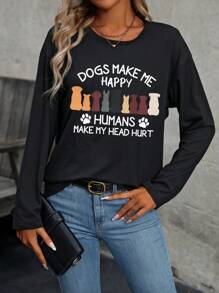 EMERY ROSE Women's Slogan & Dog Print T-shirt - Black - View 5