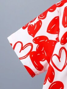 SHEIN 2pcs/Set Young Boy Heart Print Shirt & Shorts Set, Cute & Versatile, For Valentine's Day - Red - View 5
