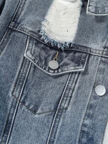 Teen Boy Letter Graphic Ripped Denim Jacket Without Tee - Medium Wash - View 4