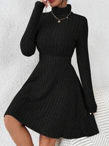 SHEIN Frenchy Women's Black Skirt Turtleneck Ribbed Bodycon With Sleeves Dress - Black - View 6