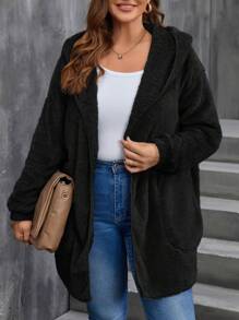 SHEIN LUNE Kích thước lớn Của phụ nữ Màu thuần áo có mũ Lông cừu Áo khoác - màu đen - Xem 6