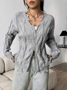 Flirla Damski Jednolity Oversized Zamek z przodu Rozpinane Swetry Z Opuszczane ramiona
