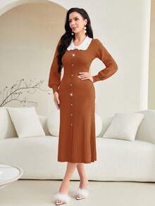 Modelyn Women's Turtleneck Lantern Sleeve Sweater Dress - Redwood - View 7