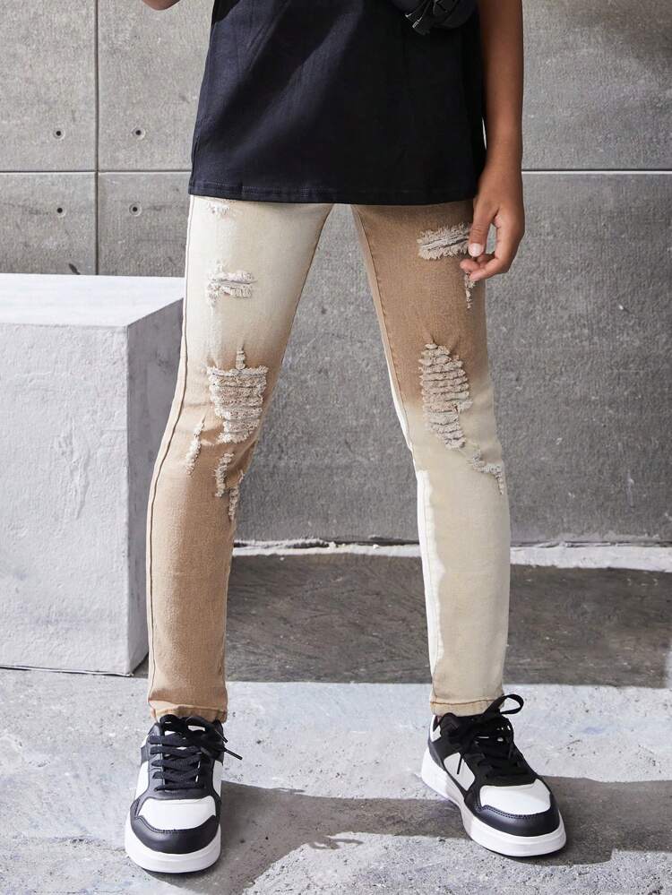 Boys' Stylish & Comfortable Stretchy Jeans With Vintage Stone Wash, Ripped Detail And Colorblock Design