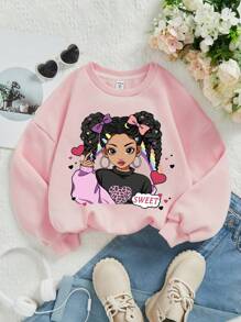 SHEIN Cô gái Tween Hoạt hình In Giải trí Vòng cổ Tay áo dài Áo nỉ Đối với Mùa thu Và Mùa Đông - Màu Hồng baby - Xem 1