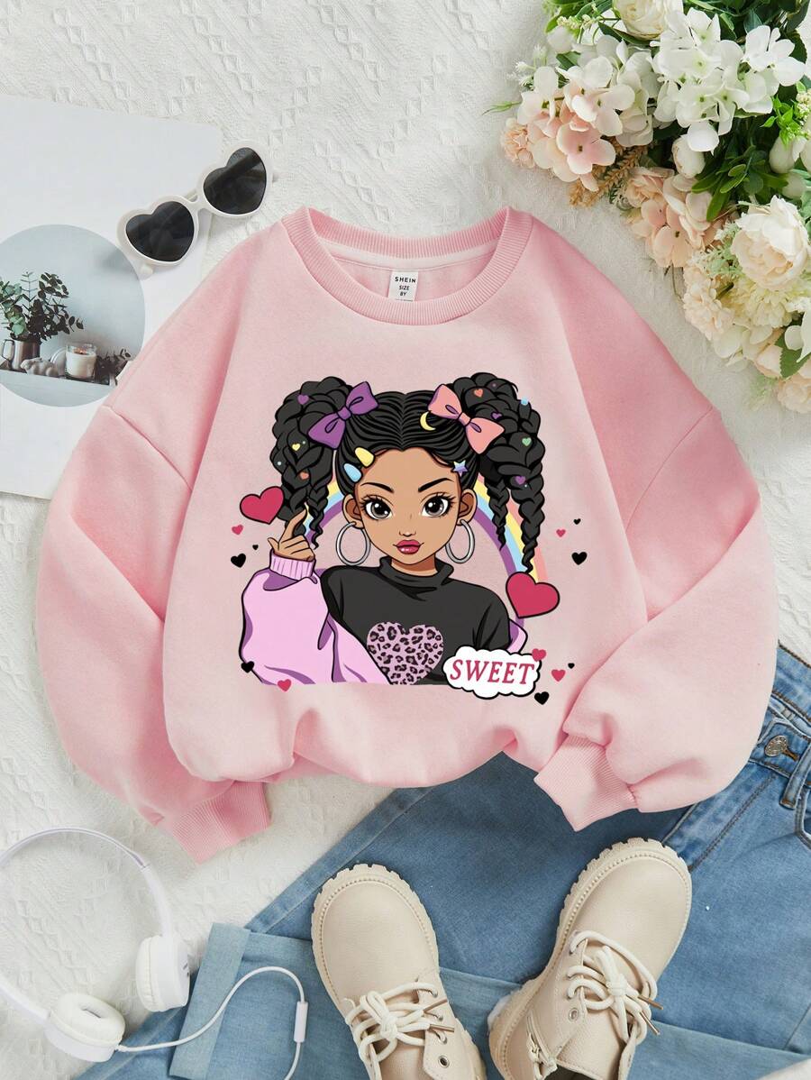 SHEIN Cô gái Tween Hoạt hình In Giải trí Vòng cổ Tay áo dài Áo nỉ Đối với Mùa thu Và Mùa Đông - Màu Hồng baby - Xem 1