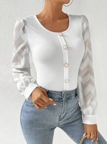 SHEIN Privé Vòng cổ mỏng Nối Của phụ nữ Áo - trắng - Xem 5