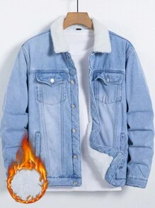 Manfinity Homme Men's Thermal Lined Denim Jacket With Fur Collar - Medium Wash - View 1