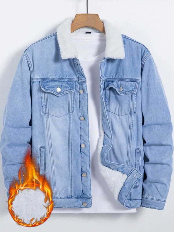 Men’s Fleece-lined Denim Jacket With Fur Collar | SHEIN USA