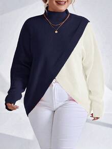 Celure Plus Size Women's Colorblock Asymmetrical Hem Sweater - Navy Blue - View 4