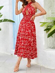 SHEIN VCAY 花卉印花露背領連身裙,適合女性渡假穿著 - 玫紅色 - 查看 3
