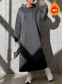 SHEIN EZwear 秋冬款口袋落肩抽绳连帽连衣裙 - 深灰色 - 查看 1