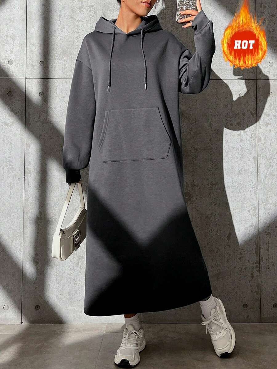 SHEIN EZwear 秋冬款口袋落肩抽绳连帽连衣裙 - 深灰色 - 查看 1