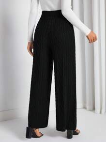 SHEIN EZwear Cable Knit Wide Leg Pants - Black - View 2