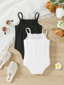 SHEIN 嬰兒女孩休閒純色中空肩帶連體褲兩件套裝 - 彩色 - 查看 2