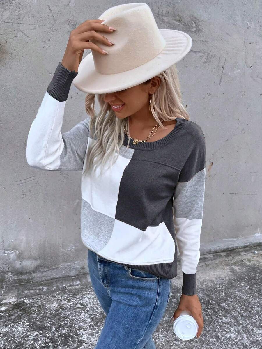 SHEIN LUNE Của phụ nữ Vòng cổ Khối màu Áo chui đầu Áo len - Màu xám đen - Xem 1
