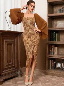 長袖方領性感優雅提花包臀開叉連衣裙