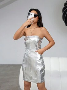 Aveloria Metallic Pu Strapless Dress - Silver - View 5
