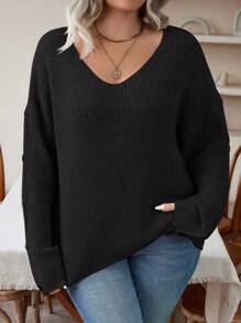 Calvaya 大碼純色蝙蝠袖毛衣,附有釦子細節 - 黑色 - 查看 6