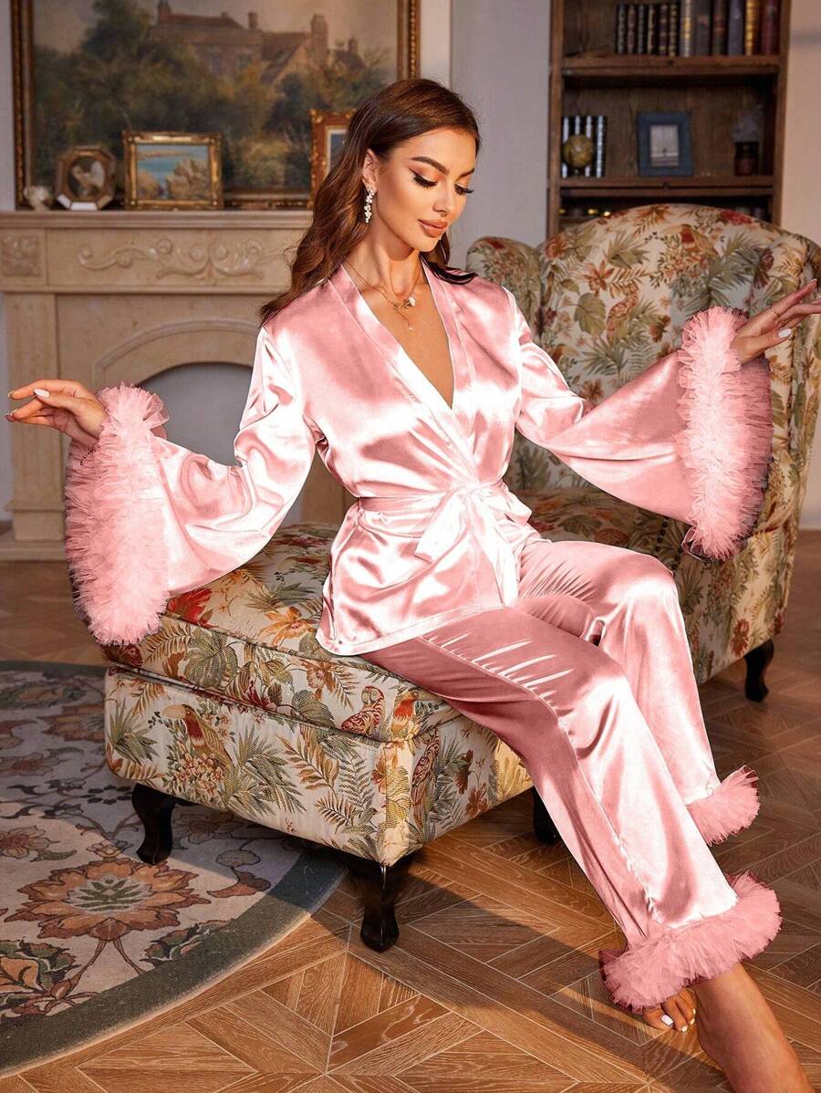 Pajama Set With Big Cuff And Fringe Detail, Fall Winter Clothes Cozy And Elegant Details - Pink - View 1