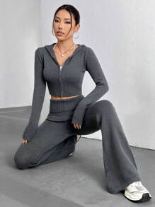 Flirla Women's Zip-Up Hooded Cardigan And Knit Flared Pants Set Fall Winter Cloth For Women - Grey - View 1