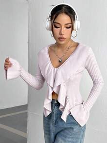 SHEIN Unity 女士實色荷葉邊燕尾袖系帶開襟針織外套 - 灰色 - 查看 4