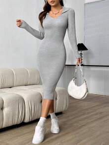 SHEIN Unity Của phụ nữ Collared Tay áo dài Đầm Áo len - Xám - Xem 4