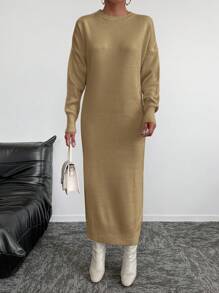 EURMUSE Round Neck Drop Shoulder Sleeve Sweater Dress Without Belt - Camel - View 5