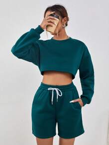 SHEIN EZwear 女士實色短版運動衫和束腰短褲套裝 - 綠色 - 查看 1