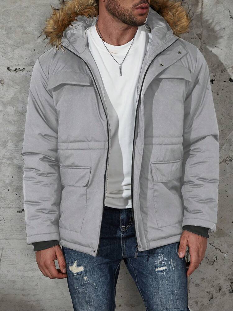 Loose Men's Plus Size Hooded Padded Coat With Fur Collar
