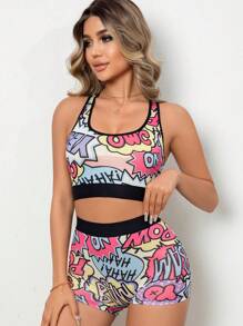 女款繽紛印花字母胸圍和短褲內衣套裝 - 彩色 - 查看 2