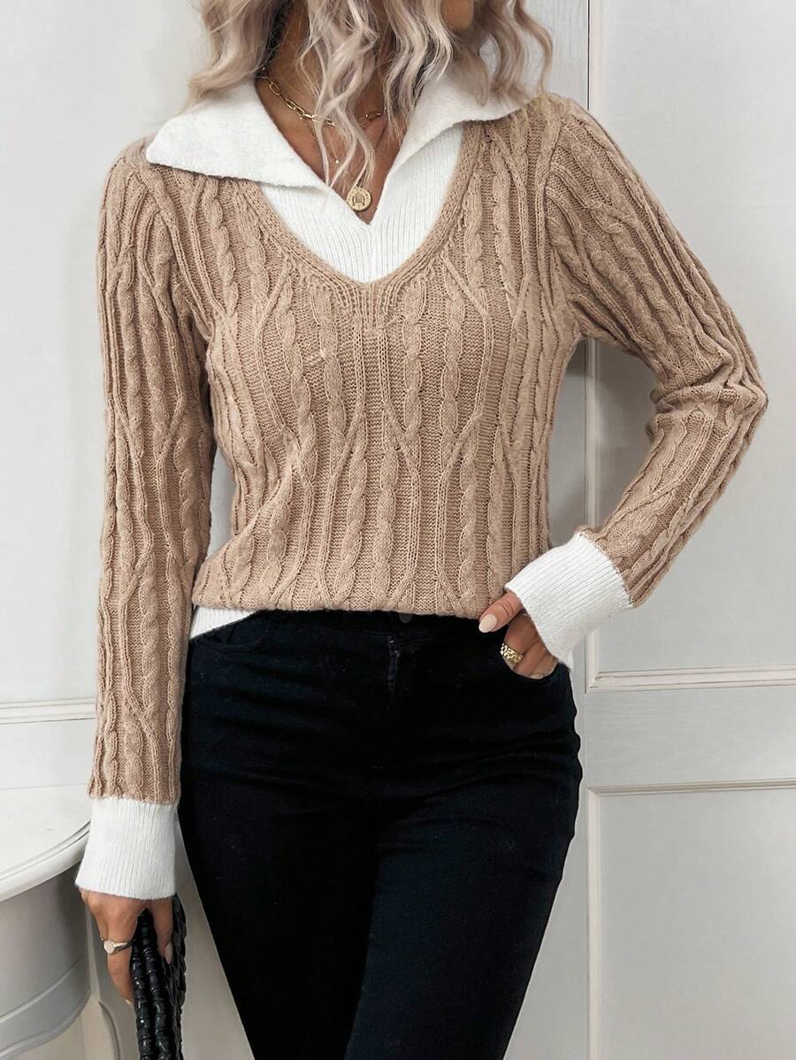 SHEIN LUNE 休閒色塊有領絞花針織毛衣 - 杏色 - 查看 1